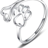 Ръчно изработен пръстен с отпечатък на лапа и сърце от 925 стерлингово сребро с регулируем размер