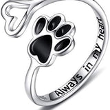 Ръчно изработен пръстен с отпечатък на лапа и сърце от 925 стерлингово сребро с регулируем размер