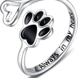 Ръчно изработен пръстен с отпечатък на лапа и сърце от 925 стерлингово сребро с регулируем размер