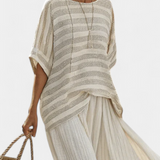 Комплект от ленен бамбук Дейзи с елегантна райета тениска и летящи панталони за модерен и удобен стил