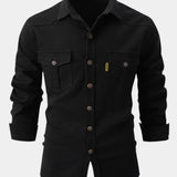 Деним риза с копчета – Предна част с копчета и регулиране на ръкавите