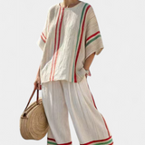 Средиземноморски комплект Дейзи от бамбуков лен с елегантни червени и зелени ивици