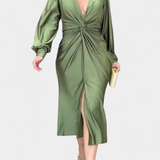 Лена Дълга Рокля с Дълги Ръкави и V-образно Деколте