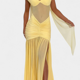 Милица Дълга Рокля от Мляко Коприна с Дълбоко Деколте и Оформени Набръчквания