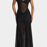 Милица Дълга Рокля от Мляко Коприна с Дълбоко Деколте и Оформени Набръчквания